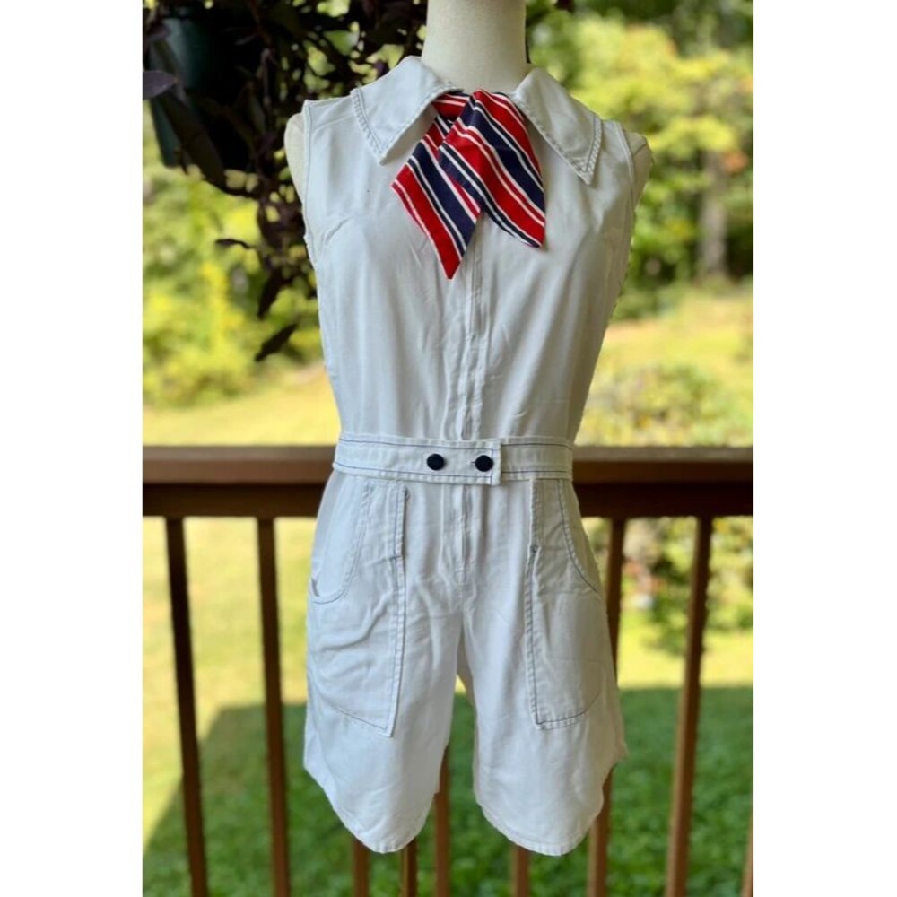 Vintage 1970s Sears Sailor Romper White Nautical Playsuit Striped Scarf
